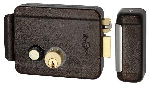 Эл-мех. накладной замок, коричневый, НЗ, универсальный DIN, цилинр снаружи и изнутри, кнопка изнутри (блокировка кнопки), питание 12VDC/1А, -40°+50°С, окрашенная сталь.