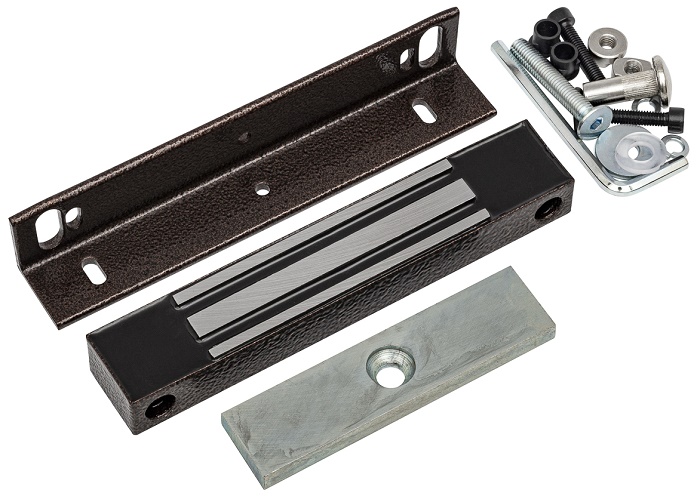 Замок электромагнитный 12V DC, не более 0,4 A, усилие 100 кг, 180x33x23. Вес 0.6 кг. (в комплекте уголок), Влагозащита IP67. Цвет коричневый