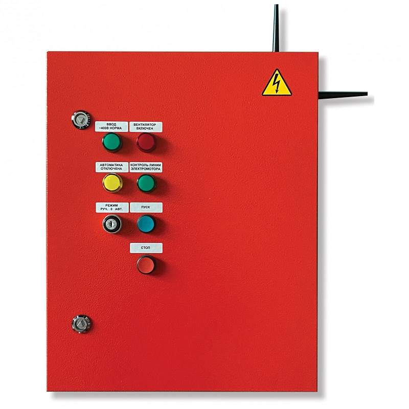 Шкафы управления одним вентилятором радиоканальный для работы в составе радиосистемы Стрелец-ПРО, встроенный ретранслятор, в комплекте с частотным преобразователем (для 3-х фазных двигателей), электрокалорифер 27 кВт/400 В; f-раб.868 МГц, дальность связи до 2000 м (с радиорасширителями), U-пит.400 В, P-двиг.1.5 кВт, IP54, t-раб.-10…+50°С, 500х400х220 мм