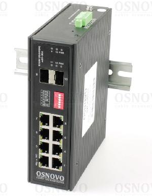 Промышленный коммутатор Gigabit Ethernet на 10 портов. Порты: 8 x GE (10/100/1000Base-T) + 2 x GE SFP (1000Base-X). Поддержка режима CCTV: Увеличение расстояния передачи данных и питания до 250м. Вход для резервного питания. Встроенная грозозащита. Питание DC12-57V(макс. 10W). БП в комплект НЕ входит. 45x160x130мм. Монтаж на DIN-рейку.  -40…+80°С