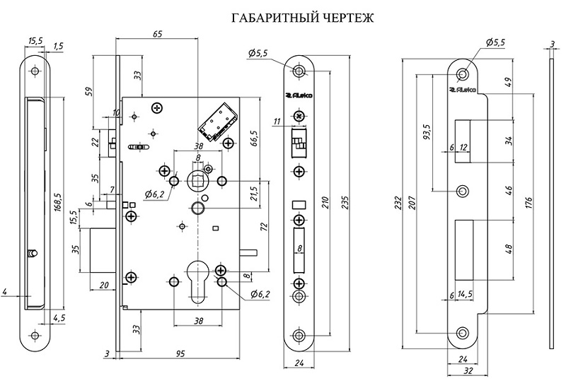 Электромеханический замок с раздельным штоком ручки, режимы НО или НЗ, выход ригеля 20мм, бэксет 65мм, встроенные датчики положения (ручки, ригеля, цилиндра, язычка) 12В/24В, -10...+40 °C, IP54 , корпус 235х24х98мм, ответная планка в комплекте.