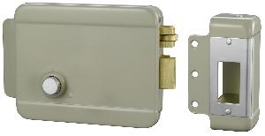 Эл-мех. накладной замок, НЗ, универсальный DIN, цилинр снаружи, кнопка изнутри, 12VDC/1А, -40°+50°С, окрашенная сталь.