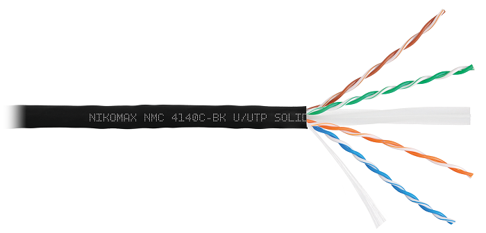 Кабель U/UTP 4 пары, Кат.6 (Класс E), тест по ISO/IEC, 250МГц, одножильный, BC (чистая медь), 23AWG (0,55мм), полимерный материал нг(А)-HF, внутренний/внешний, черный, 305м