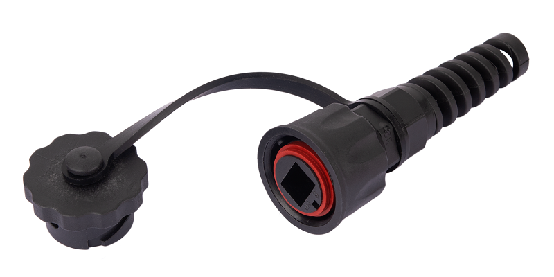Индустриальный коннектор RJ45/8P8C, Кат.6 (Класс E), 250МГц, покрытие 50мкд, экранированный, IP67, для одножильной витой пары, с защитной крышкой, черный