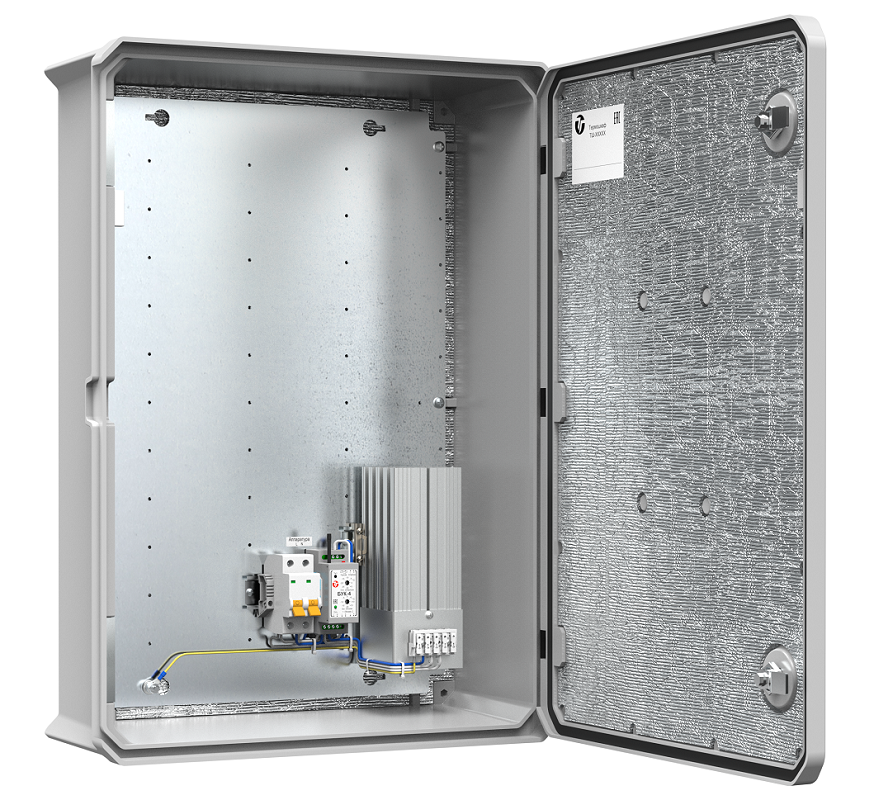 Термошкаф из армированного стекловолокном полиэстера с обогревом. Класс ударопрочности IK10. -60° ÷ + 80°C. IP66. Потребляемая мощность 350 Вт. Напряжение питания 230V ± 10% AC, 6A. 505х705х204мм