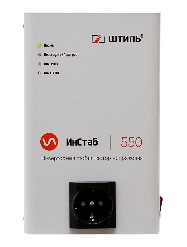 Стабилизатор переменного напряжения инверторный (с двойным преобразованием) однофазный, чистая синусоида; P-нагр.0.55/0.4 кВт, U-вх.90…310В, I-вых.2.5 А; IP20, t-раб.+5…+40°C, 155х245х82мм