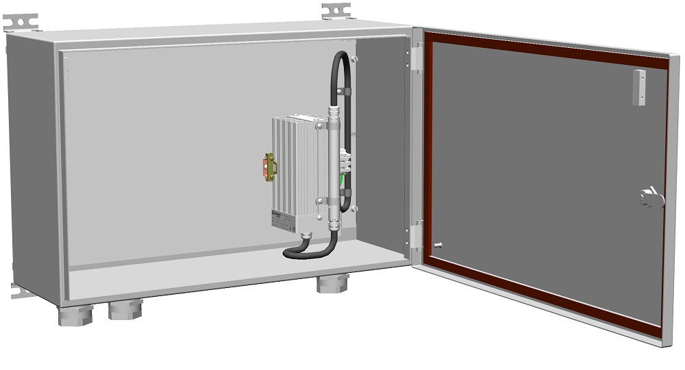 Шкаф имеет уровень взрывозащиты 2ЕхеmIIТ4X  и IP66. от -60°С до +50°С. 600х380х217 мм