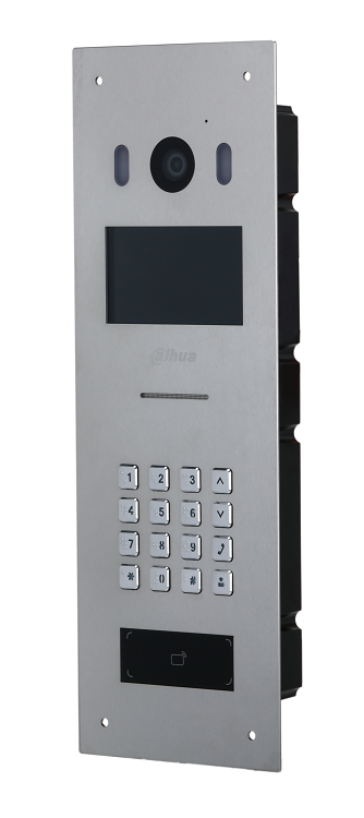 Вызывная панель c механической клавиатурой, Поддерживает открытие через IC карту, пароль, QR-код и их комбинации. Экран 4.3”,разрешение 800*480; Камера: 1/2.8, 2Mp, 95°, WDR 120 дБ, H.264/H.265. Поддерживает 20000 карт; Поддержка&nbsp;&nbsp;TCP/IP, RS485, Wiegand (вход или выход), тевожные входы/выходы 2/2, выход питания DC12V, 500мА. Питание DC12V, PoE. IP65. Материал корпуса: нержавеющая сталь.