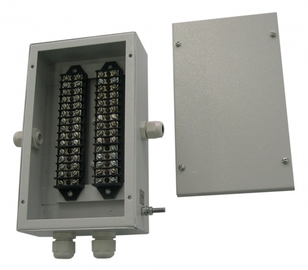 Коробка распределительная, Взрывозащищенное исполнение, 30 цепей, IP-55, гермоввод 2 шт(PG9)/ 2 шт (PG11), сталь, 195х240х88 мм, -50...+80 °С, с кнопкой вскрытия