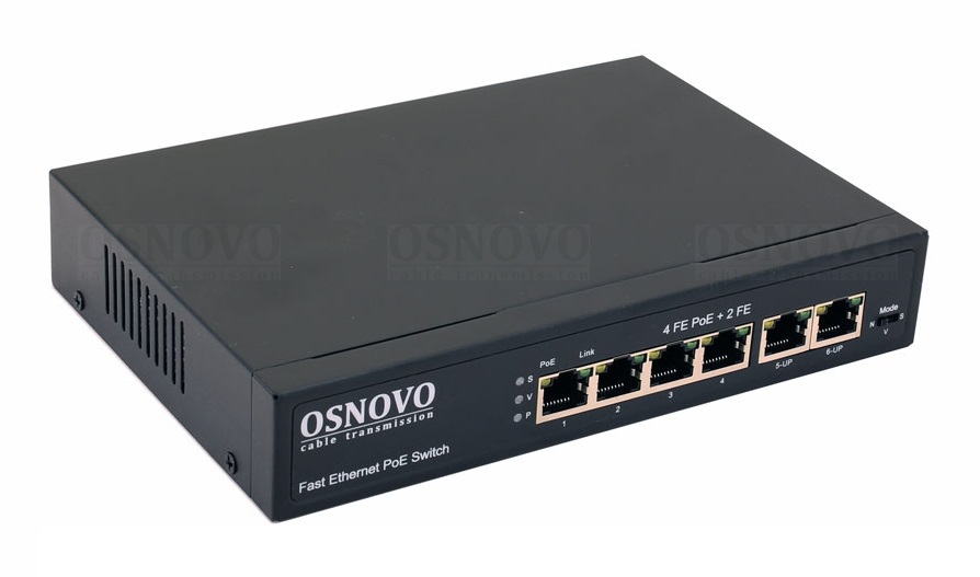 PoE коммутатор Fast Ethernet на 6 RJ45 портов. Порты: 4 х FE (10/100 Base-T) с поддержкой PoE (IEEE 802.3af/at), 2 x FE (10/100 Base-T) Uplink. PoE IEEE 802.3af/at. Автоматическое определение и режим антизависания PoE устройств. Мощность PoE на порт - до 30W. Суммарная мощность PoE -  до 80W.  Встроенная грозозащита 3кВ. AC100-240V (83W) Встроенный БП. 190 x 35 x 130мм. -10...+55 гр.