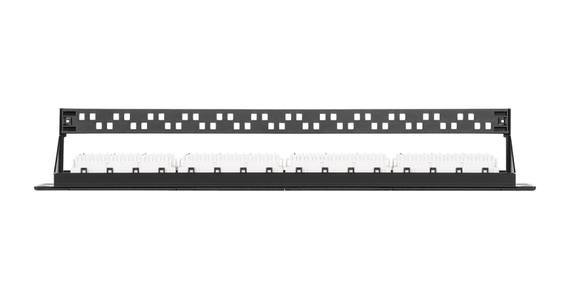Коммутационная панель 19", 1U, 24 угловых порта, Кат.5e (Класс D), 100МГц, RJ45/8P8C, 110/KRONE, T568A/B, неэкранированная, с органайзером, черная