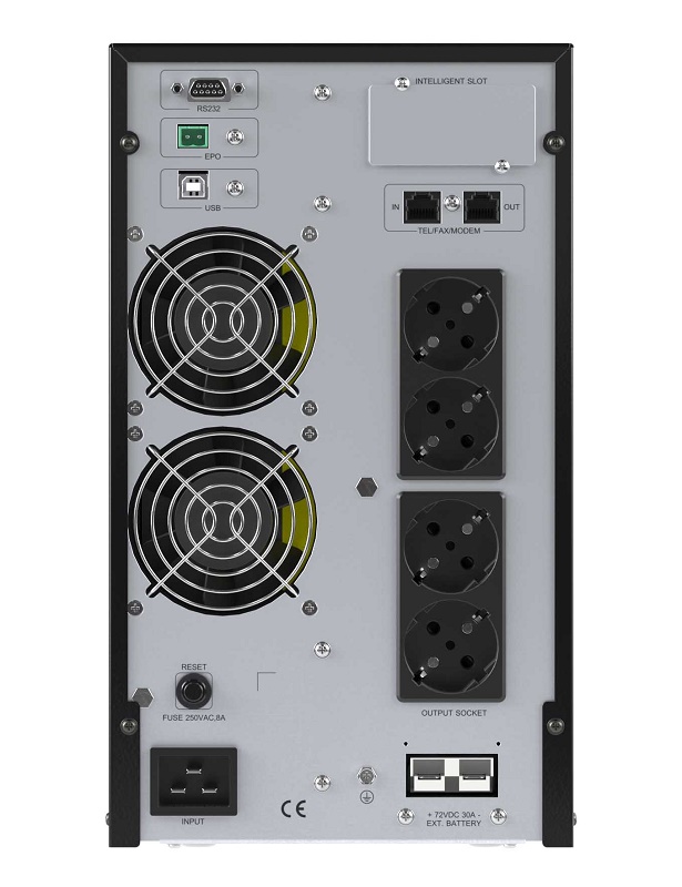 Онлайн ИБП ДКС серии Small Tower, 3000 ВА/2700 Вт, 1/1, 4xSchuko, EPO, USB, RS-232, RJ45, без АКБ, 7 Ач