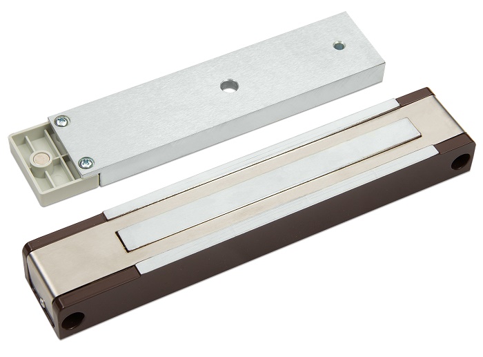 Замок электромагнитный, с датчиком Холла, герконом и индикацией, 400 кг удержания, 24 В/0,22 А, 225х42х26,5 мм, IP20, -20...+40, коричневый