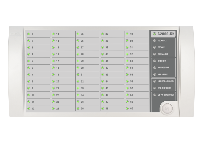 Блок индикации для отображения 60 разделов на двухцветных светодиодных индикаторах и 8 системных индикаторах. Два интерфейса RS-485, питание от 10 до 28 В