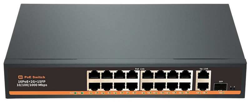 Коммутатор 16xPoE (802.3at/af) 10/100Мб + 2хUplink 10/100/1000Мб, бюджет до 240Вт (PoE до 30Вт, 200м, End-Span 4(5)+/ 7(8)-), грозозащита 4кВ