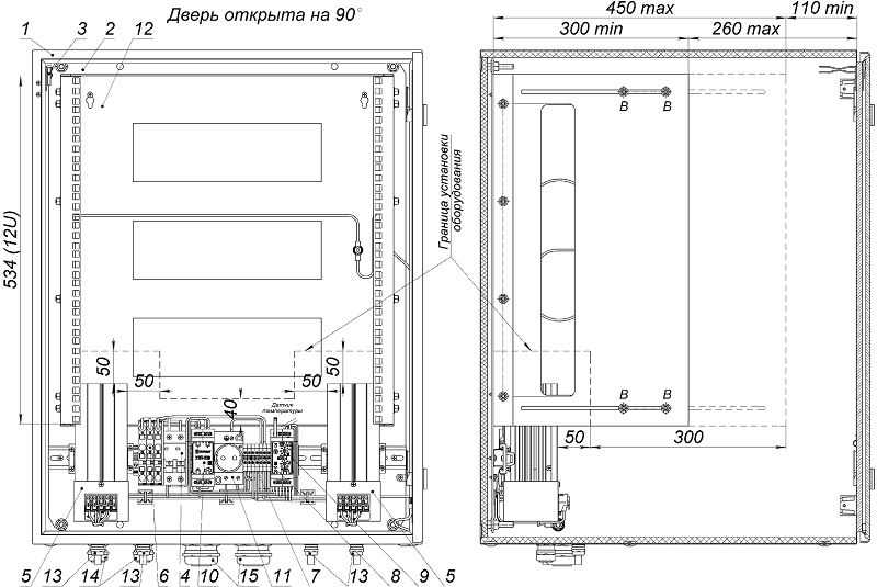 Термошкаф с обогревом для 19-дюймового оборудования (12 юнитов). Напряжение питания 220В. tраб от -60°C до +50°C. Pобогр - 436 Вт. 600х760х600мм. Класс защиты IP66.