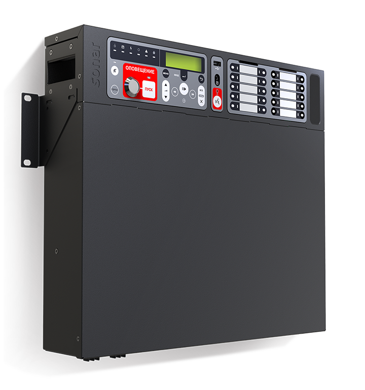 Прибор управления оповещением пожарный. Подключение к ППКП по сухим контактам, установка на стену. Доп. функции: линейный вход, входы DAP для ВПУ, микрофонного пульта SRM-7020C, встроенный MP3/FM плеер (воспроизведение файлов только с внешнего USB-флэш-накопителя) 