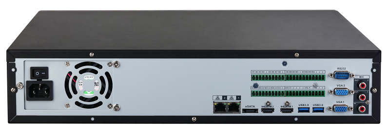 64-канальный IP-видеорегистратор 4K, H.265+ и ИИ, Входящий поток до 448Мбит/с; сжатие: H.265+, H.265, H.264+, H.264, MJPEG; разрешение записи до 32Мп; накопители: 8 SATA III до 20Тбайт; RAID 0/1/5/6/10; воспроизведение: 40кн@1080p, 2кн@32Мп; видеовыходы: 2 HDMI (8K), 2 VGA; cеть: 2 RJ45 1000Мбит/с; aудиовх/вых: 1/2; тревожные вх./вых.: 16/8; питание: 100~240В(AC); видеоаналитика: 4кн AcuPick, 4кн детектор лиц и распознавание лиц (12лиц/с), 4кн видео метаданные, 8кн охрана периметра, IVS, 16кн SMD Plus; видеоаналитика с камер: AcuPick, детектор лиц и распознавание лиц, видео метаданные, распознавание номеров ТС, тепловая карта, подсчет людей, интеллектуальный поиск, POS, поддержка тепловизионных (TPC) и мультиматричных камер