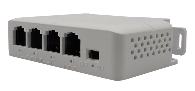 Удлинитель Fast Ethernet с передачей РоЕ для 3-х камер; расстояние 100м; вход 1хRJ-45 с РоЕ 802.3 af/at 30 Вт, выход 3хRJ-45 для подключения 3-х камер до 8Вт каждая, IEEE 802.3af/at; -45...+60, 82×52×23 мм