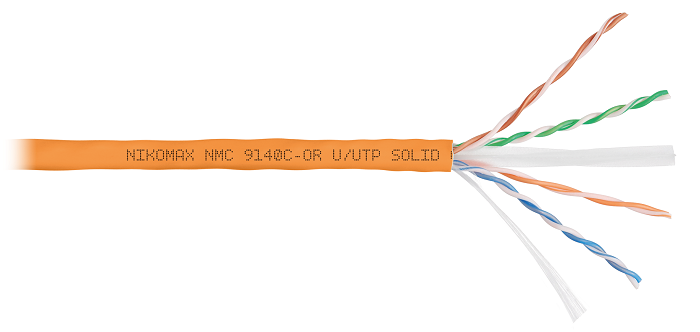 Кабель U/UTP 4 пары, Кат.6 (Класс E), тест по ISO/IEC, 250МГц, одножильный, BC (чистая медь), 23AWG (0,57мм), полимерный материал нг(А)-HF, внутренний, оранжевый, 305м