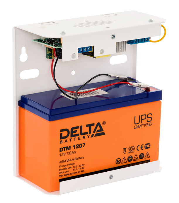 Источник бесперебойного питания в металлическом корпусе, 13,6В. / 2А. Максимальный ток заряда АКБ 0,7А. (без защиты от глубокого разряда АКБ). Рекомендуемая емкость АКБ 7А*ч.  174х164х76мм. Масса 0,7 кг,