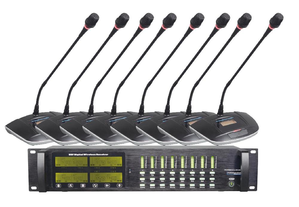 Профессиональная многоканальная беспроводная дискуссионная радиосистема с конденсаторными настольными микрофонами, Система представляет собой комплект из 8 настольных радио микрофонов типа «гусиная шея» и 8-канального приёмника.