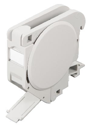 Корпус розетки с креплением под DIN-рейку, под модули-вставки Keystone, 1 порт, 2 боковые крышки, откидной, серый